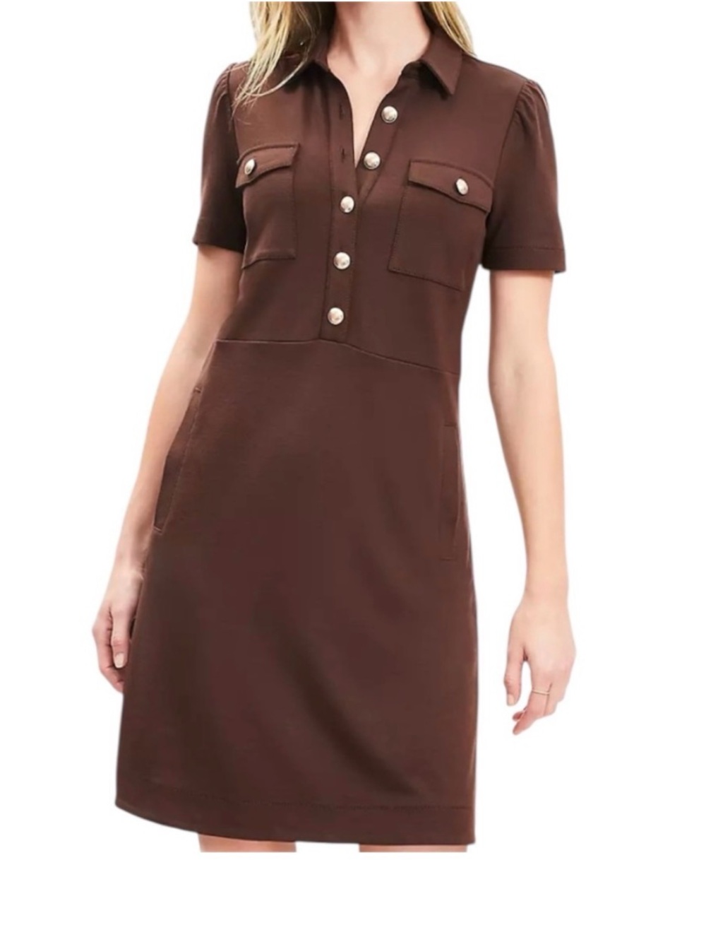 LOFT Ponte Brown Sz 6 Polo Collar Pocket Sheath Dress Gold Buttons
